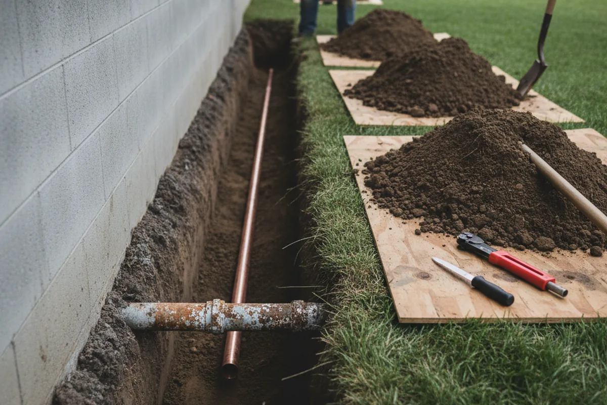 Excavated water line trench during Water Softener Installation in Kirkville